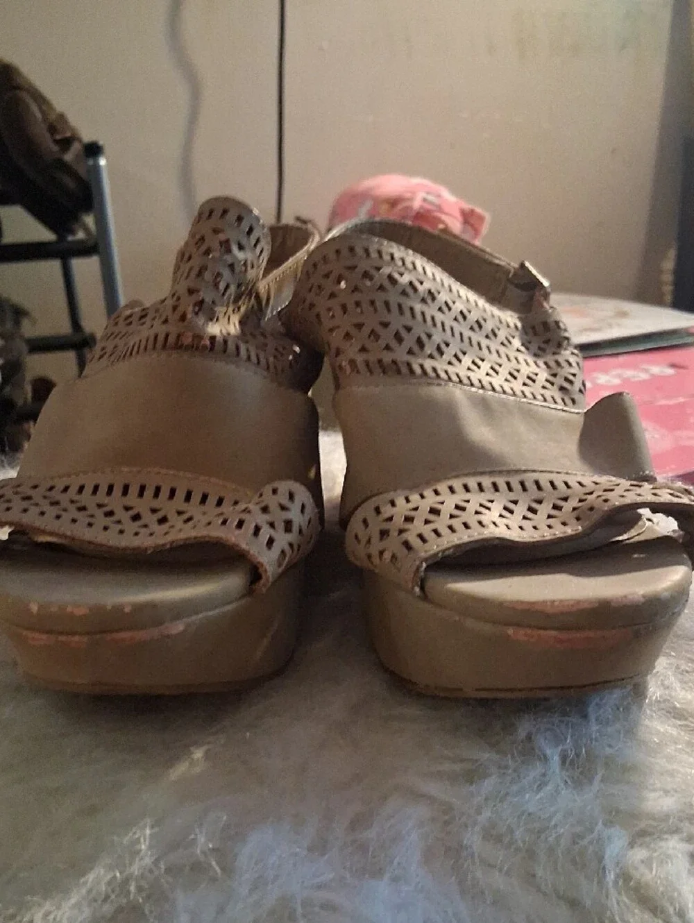 ROUGE!  Women’s Neutral Tan Wedge Sandals - Stylish Laser-Cut Straps SIZE 7